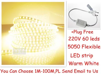 Super šviesus 5050 LED juostos 220V - 240V aukštos įtampos Vamzdelio tipas Vandeniui lanksti SMD led juostelė 60leds/M Wth PLUG