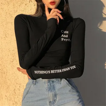 Supermiss Seksualus Liesas Golfo Apkarpytos Viršuje Moterys Ilgomis Rankovėmis Laišką Atspausdintas T-Shirt 2020 M. Rudenį Elegantiškas Mados Streetwear