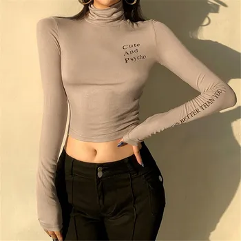 Supermiss Seksualus Liesas Golfo Apkarpytos Viršuje Moterys Ilgomis Rankovėmis Laišką Atspausdintas T-Shirt 2020 M. Rudenį Elegantiškas Mados Streetwear