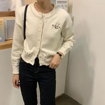 Svetimų Katytė Korėjos Naujas Siuvinėjimo Vientisos Spalvos Krūtinėmis Mados Džemperis 2020 M. Moteris Mezgimo Universalus Atsitiktinis Cardigan Megztinis