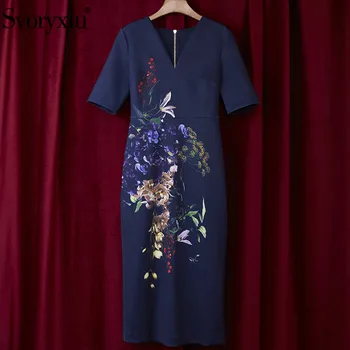 Svoryxiu Dizainerio Mados Vasarą V-Kaklo Suknelė Moterų trumpomis Rankovėmis Derliaus Gėlių Spausdinti Paketą, Sėdmenų 