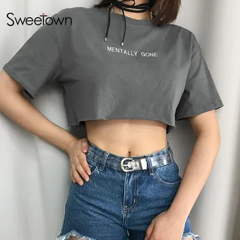 Sweetown Pilkos Spalvos Moteriški Vasaros Tshirts Atsitiktinis Palaidų Laišką Siuvinėjimo Korėjos Stiliaus Marškinėliai Trumpomis Rankovėmis O-Kaklo Marškinėliai Medvilnės