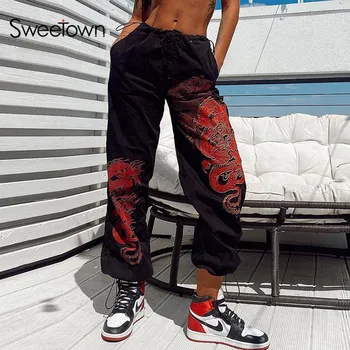 Sweetown Vasaros Dragon Spausdinti Moterų Jogger Sweatpants Didelis Juosmens Sutraukimo Juostelę Streetwear Hip Pop Kelnės Moterų Mados Komplektus