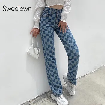 Sweetown Šaškių Straight Džinsai Moterims Anglijoje Preppy Stilius 90s Streetwear Komplektus Aukšto Juosmens Pledas Džinsinio audinio Kelnės Rudenį