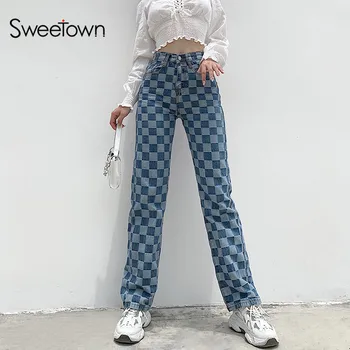 Sweetown Šaškių Straight Džinsai Moterims Anglijoje Preppy Stilius 90s Streetwear Komplektus Aukšto Juosmens Pledas Džinsinio audinio Kelnės Rudenį