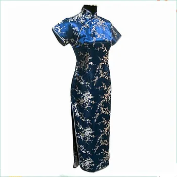 Tamsiai mėlyna Kinų Tradicinė Suknelė Seksualus Moterų Atlasas Qipao Ilgai Cheongsam Gėlių Plius Dydis S M L XL XXL XXXL 4XL 5XL 6XL LG07