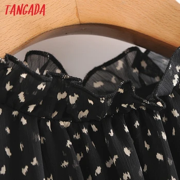 Tangada Mados Moterų Spausdinti Juodo Šifono Suknelė Vintage Raukiniai ilgomis Rankovėmis Ponios Tunika Mini Suknelė Vestidos 3A72