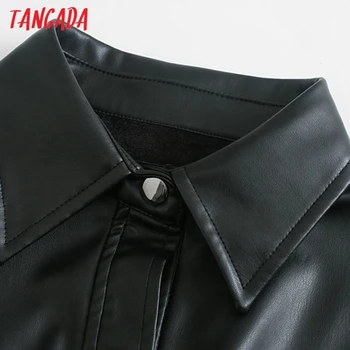 Tangada Moterys juoda negabaritinių dirbtiniais odinė striukė paltas su diržu Ponios ilgomis Rankovėmis prarasti kišenėje berniukas draugas Kailis 3H158
