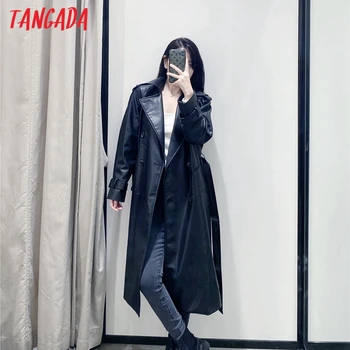 Tangada moterų kieto juoda faux odos ilgos tranšėjos paltai su diržo 2020 m. rudens, žiemos tarnyba ponios outwear tvora QN96