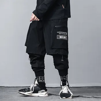 Techwear Streetwear Hip-Hop Krovinių Kelnės Vyrams Juodos Prarasti Haremas Netikrą Du Kelnės Negabaritinių Sporto Harajuku Punk Atsitiktinis Sweatpants
