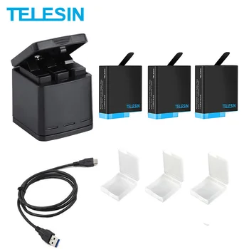TELESIN 3 Slots, LED Baterijos Kroviklis talpinimo + 3 Baterija + C Tipo Laidas, dėl GoPro Hero 5 6 7 8 Kameros Priedai