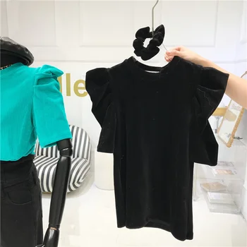 Temperamentas Saldūs burbulas rankovėmis apvalios kaklo viršuje Moterų pavasario 2021 Naujo dizaino Velvetas trumpomis rankovėmis T-shirt