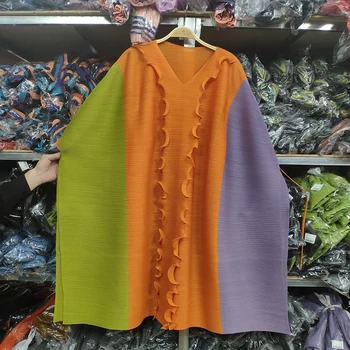 TIANPEI Miyake plisuotos grybelio nėrinių suknelė prarasti didelio dydžio trauktis elastinga peties susiuvimo trijų spalvų suknelė 5269