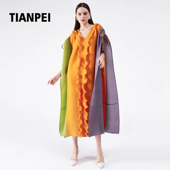 TIANPEI Miyake plisuotos grybelio nėrinių suknelė prarasti didelio dydžio trauktis elastinga peties susiuvimo trijų spalvų suknelė 5269
