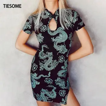 TIESOME 2020 m. Kinijos Tradicinės Suknelė Moterims Dragon Gotikos Hem Padalinta Seksuali Mini Suknelės Tuščiaviduriai Iš Cheongsam Derliaus Šalis