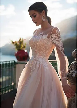 Tiulio Rožinė Princesė Vestuvių Suknelė ilgomis Rankovėmis Nėrinių Appliqued Nuotakos Suknelė Vestuvių Suknelės Boho Vestuvių Suknelės vestido de noiva
