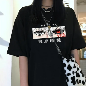Tokijo Pabaisa T-shirt Streetwear Harajuku Japonų anime top Punk moterų tamsiai animacinių filmų Kaneki Ken akių spausdinti prarasti Moterų marškinėliai