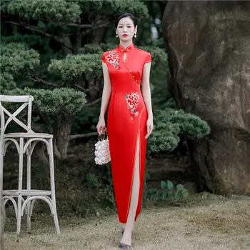 Tradicinis kinų Slim Spausdinti Gėlių Lady Cheongsam Mandarinų Apykaklės Derliaus Ilgai Qipao Vakare Šalies Seksuali Suknelė Plius Dydis S-5XL