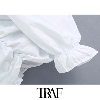 TRAF Moterų Mados Elastiniai Smocked Susiėmę Apkarpytos Palaidinės Senovinių Kvadratinių Apykaklės Žibintų Rankovės Moterų Marškiniai, Elegantiškos Viršūnės