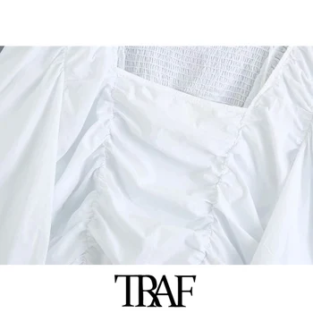 TRAF Moterų Mados Elastiniai Smocked Susiėmę Apkarpytos Palaidinės Senovinių Kvadratinių Apykaklės Žibintų Rankovės Moterų Marškiniai, Elegantiškos Viršūnės
