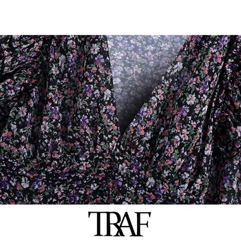TRAF Moterų Mados Gėlių Spausdinti Susiėmę Apkarpytos Šifono Palaidinės Derliaus ilgomis Rankovėmis Elastinga Hem Moterų Marškiniai, Elegantiškos Viršūnės