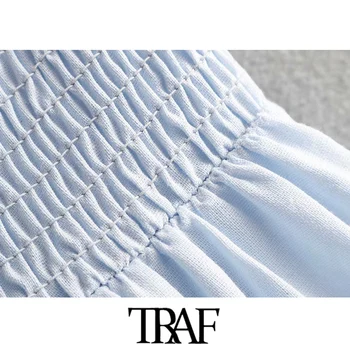 TRAF Moterų Saldus Siuvinėjimo Mados Ruffles Apkarpytos Palaidinės Derliaus Sluoksniuotos Rankovėmis Atgal Elastinga Moterų Marškiniai, Elegantiškos Viršūnės