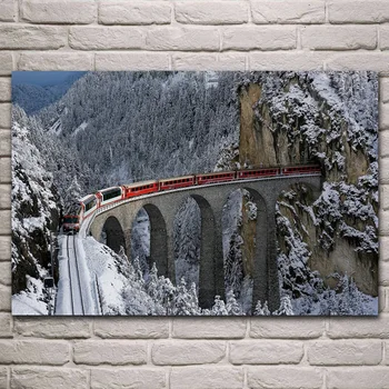 Traukinių geležinkelio tilto žiemos sniego miškų kalnus audinio plakatas kambarį namo sienos dekoratyvinis drobės, šilko meno spausdinti KL221
