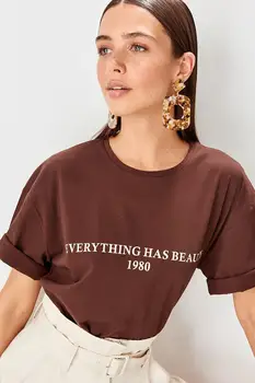 Trendyol moteriški medvilniniai marškinėliai brown Printed Megzti viršų moterims Pagrindinio marškinėlius TWOSS19GH0034