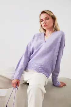 Trendyol Violetinė V-Kaklo Trikotažas Megztinis TWOAW21KZ0019