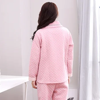 Trijų sluoksnių storio laminuotos pižama moterų dryžuotas sudurti pižama nustatyti visišką medvilnės 2vnt/komplektas šiltas Rudens Žiemos Moterų Namų Drabužiai