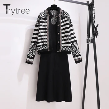Trytree 2020 m. Žiemos Atsitiktinis dviejų dalių Moterų Rinkiniai Dryžuotas Megztinis + Rankovių Megzti Suknelę-line Streetwear Kostiumas 2 dalių Komplektas
