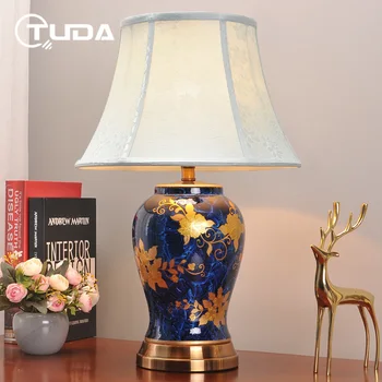 TUDA Derliaus Golden Flower Mėlyna Keramikos Stalo Lempa Klasikinės Prabangos Elegantiškas Retro Kambarį Lempos Miegamojo Lempa Namų Puošybai