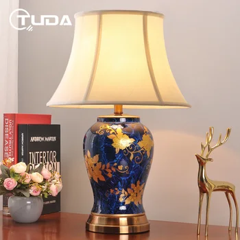 TUDA Derliaus Golden Flower Mėlyna Keramikos Stalo Lempa Klasikinės Prabangos Elegantiškas Retro Kambarį Lempos Miegamojo Lempa Namų Puošybai