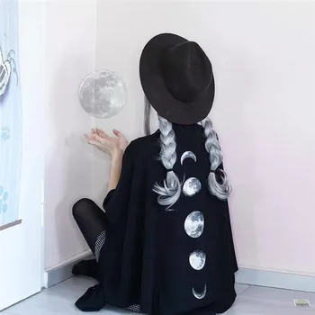 Umeko Gotikos Mėnulio Fazės Juodas Apsiaustas Moterų Rudenį, Žiemą Geometrinis Y2k Grafinis Goth Outwear Didžiuliais Neteisėtų Pončai Ponios