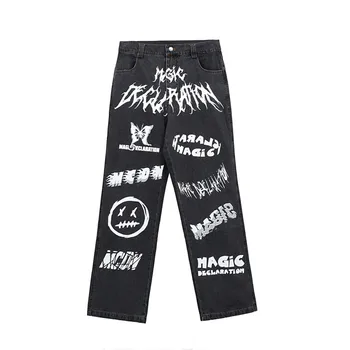 UNCLEDONJM 2021SS Grafiti Šypsena džinsus, džinsinį audinį vyrų mados tiesios kelnės Harajuku hip-hop streetwear vyrų baggy jeans moterų Y810