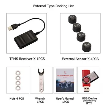 USB Android TPMS Padangų Slėgio Stebėjimo Sistema Ekranas Signalizacijos Sistemos 4pcs Išorinių Jutiklių, Padangų Davikliai, Signalizacijos kontrolės Sistema