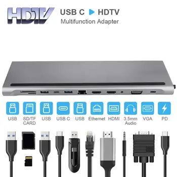 USB C HUB su Multi HUB USB 3.0 HDMI 4K /SD/TF Card Reader/ PD įkrovimo Audio /RJ45 Adapteris, skirtas 