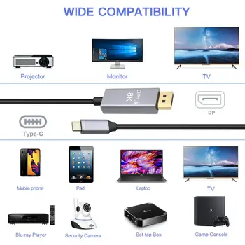 USB C iki DisplayPort Kabelis 8K@30Hz 4K@144Hz 7680x4320 HDTV Adapteris, skirtas Naujojo 