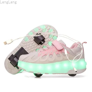 USB Įkrovimo Mados Mergaitės Berniukai LED Šviesos Ritinio Skate Avalynė Vaikams, Vaikiški Sportbačiai Ratų, Dviejų ratų