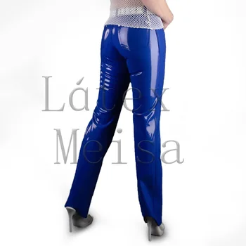 Užsakovo mėlyna tiesios kelnės moterų latekso džinsai su vidurio juosmens dizaino išskirti diržas, pagamintas iš tikro ir natūralaus latekso
