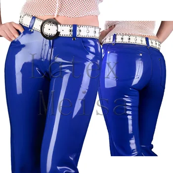 Užsakovo mėlyna tiesios kelnės moterų latekso džinsai su vidurio juosmens dizaino išskirti diržas, pagamintas iš tikro ir natūralaus latekso