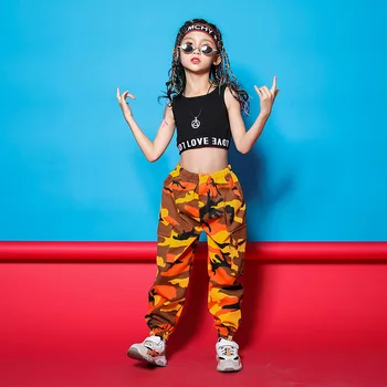Vaikas Hip-Hop Drabužių Juoda Bako Viršuje Pasėlių Kamufliažas Taktinis Krovinių Pants Mergina Džiazo Šokio Kostiumų, Šokių Drabužių Street Wear