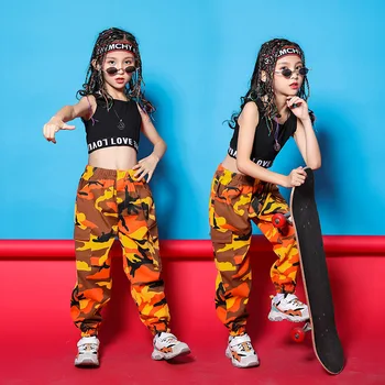 Vaikas Hip-Hop Drabužių Juoda Bako Viršuje Pasėlių Kamufliažas Taktinis Krovinių Pants Mergina Džiazo Šokio Kostiumų, Šokių Drabužių Street Wear