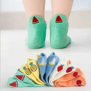 Vaikiškos kojinės 1-12 Y Pavasario ir vasaros vaisių siuvinėjimo vientisos spalvos, berniukai ir mergaitės, ultra-plonas valtis kojinės 5pairs pack