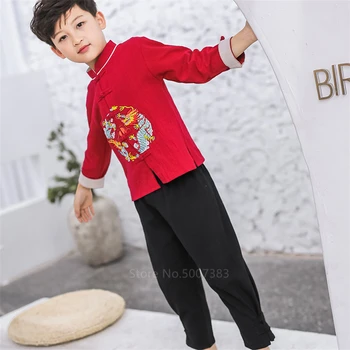 Vaikų Kinų Stiliaus Hanfu Berniukai 2VNT Tradicinių Dragon Siuvinėjimo, Drabužių Nustatyti Rytietiškų Naujųjų Metų Lino Kung Fu Tango Kostiumas