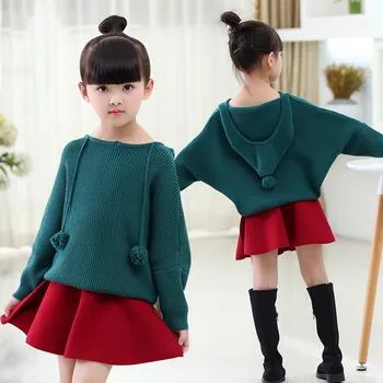 Vaikų megztinis Mergaičių megztiniai Roupas infantis menina Gobtuvu megzti viršūnes Mados batwing-rankovėmis megztinis Baby girl megztiniai megztinis