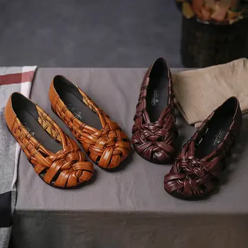 VALLU2020 vasaros new Roman batų odos tinklelio moterų batai minkšto dugno retro asmenybė rankų darbo moterų sandalai