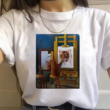 Van Gogh Aliejaus Tapybai Katė Moterų Marškinėliai Meno Grotelės Spausdinti Naujus Mielas Moterų marškinėliai Atsitiktinis Harajuku Marškinėlius Juokinga Ulzzang Grunge