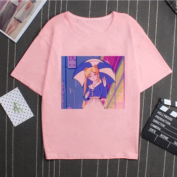 Vasaros 2020 Naujas Produktas Mielas Sailor Moon Anime Spausdinti Viršuje Japonų Stiliaus Rožinės spalvos Drabužius Harajuku Mielas Panele T-shirt Mados Viršų