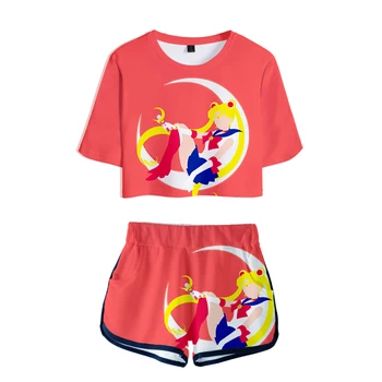 Vasaros cool kawaii animacinių filmų moterų sporto kostiumas Sailor Moon seksualus atsitiktinis 3D T-shirt moterų mados 3D t-marškinėliai + šortai dviejų dalių